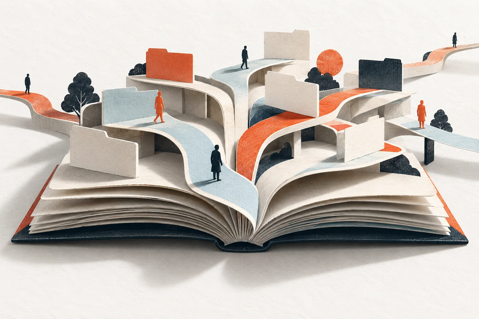 A book unfolds into paths and index folders.