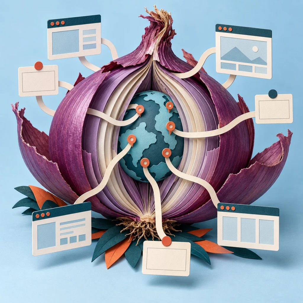 A purple onion opens around a globe, with paper paths leading to index cards and miniature web pages.