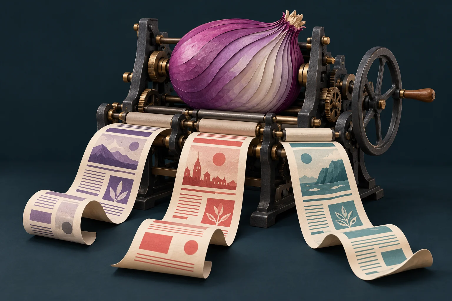 A layered purple onion forms the cylinder of a printing press, producing three ribbons of illustrated pages.