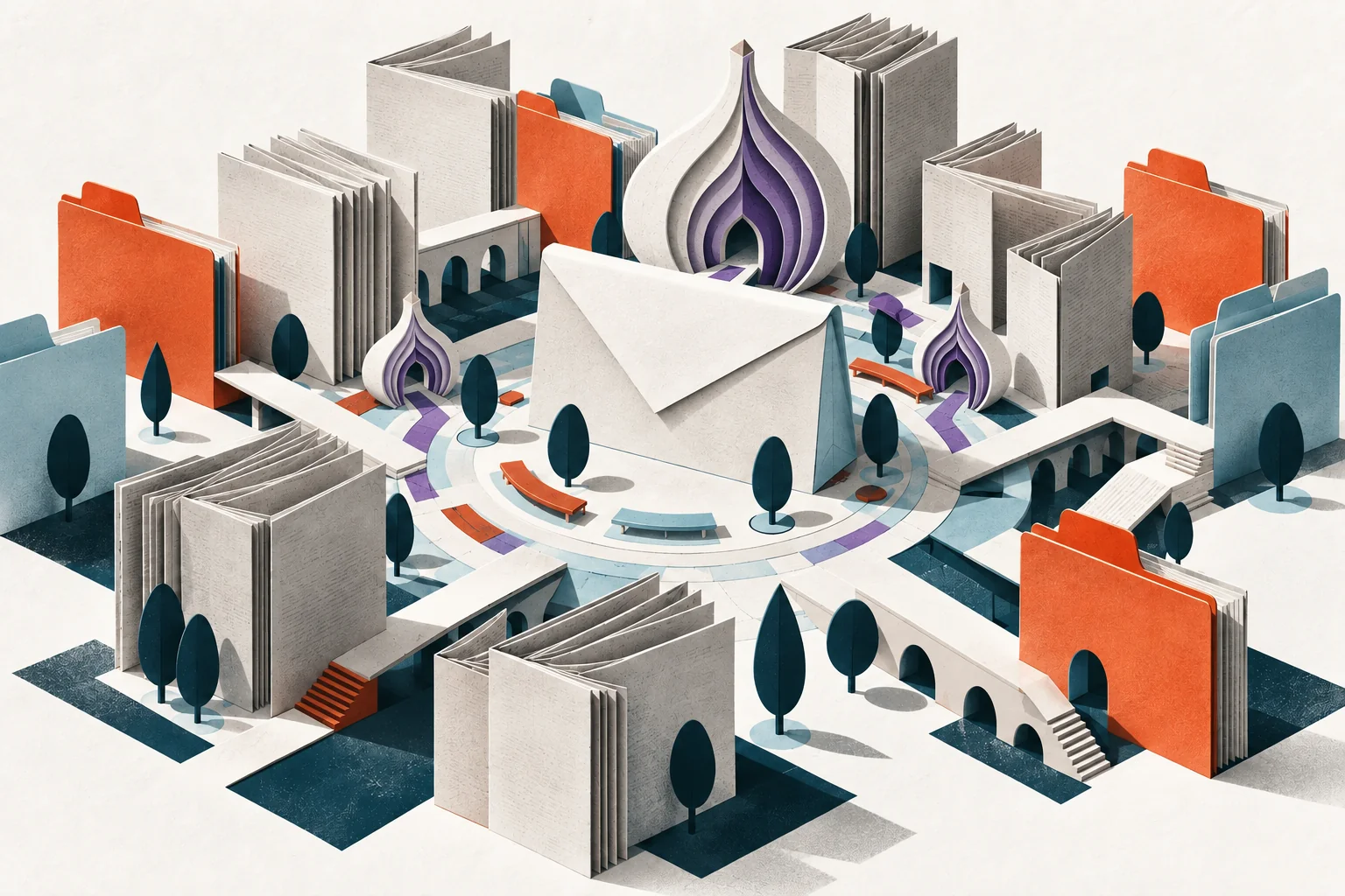 Purple layered onion gateways connect a paper city around an envelope.